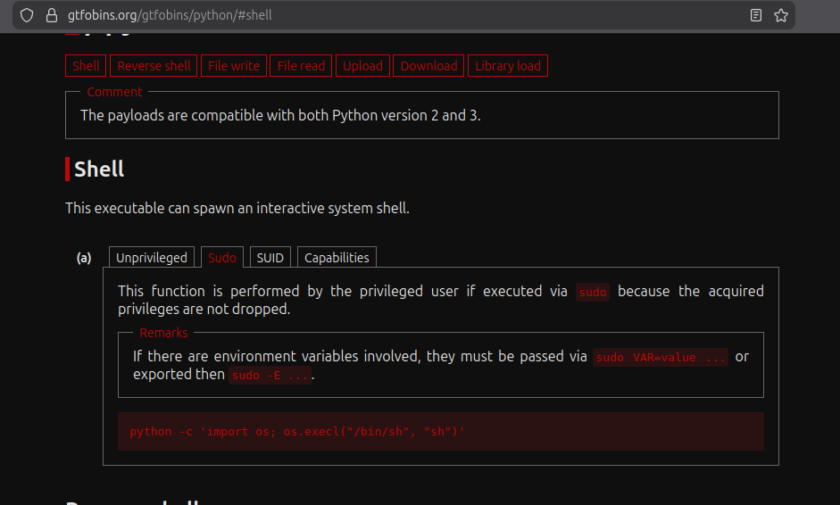 GTFObins page showing the Python SUID exploit