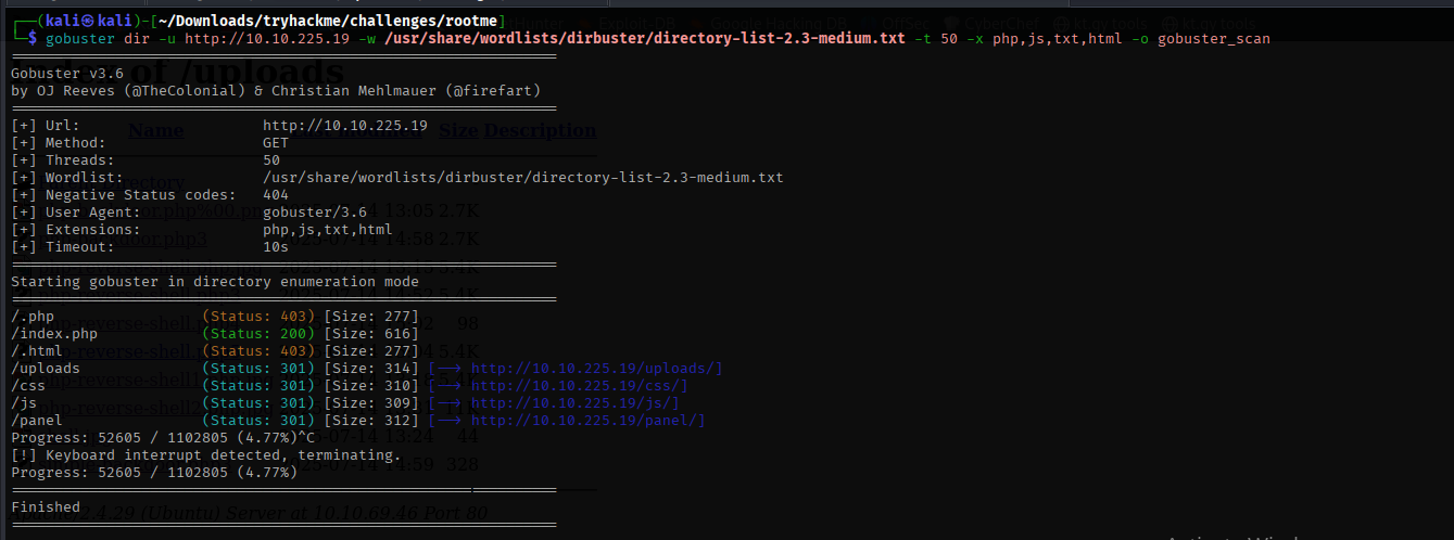 Gobuster results showing hidden directories
